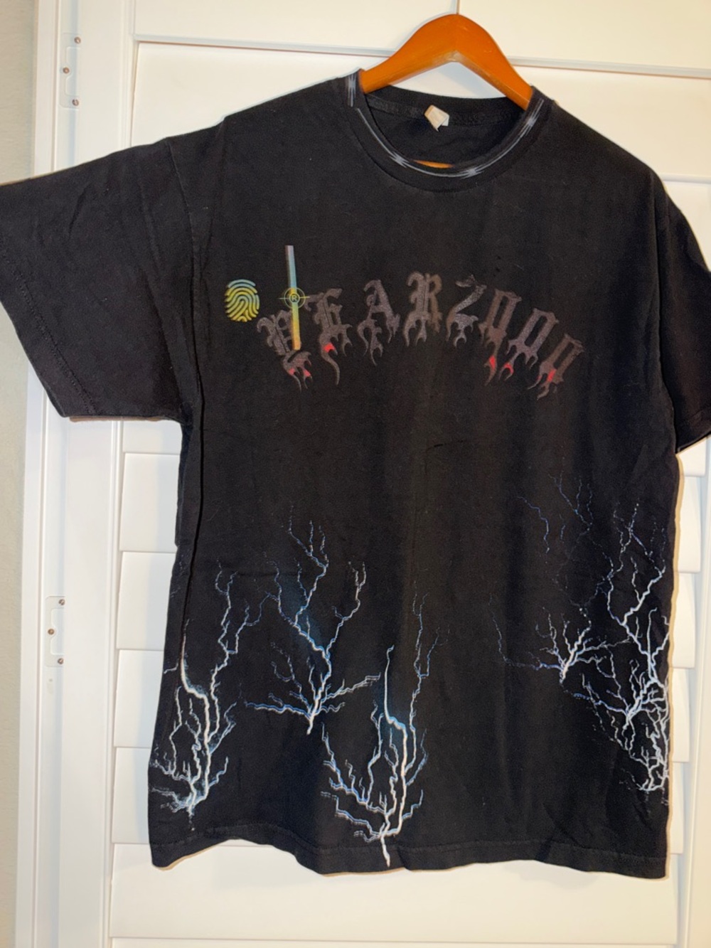 Palm Angels Black Graphic Short Sleeve Tee with Blue Lightning